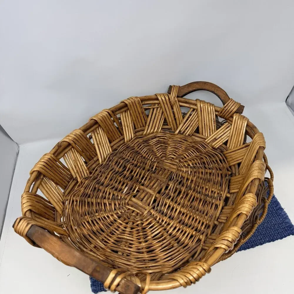 VTG Wicker Basket Double Handles Rustic Farmhouse Decor Serving Bowl Woven PAIR
